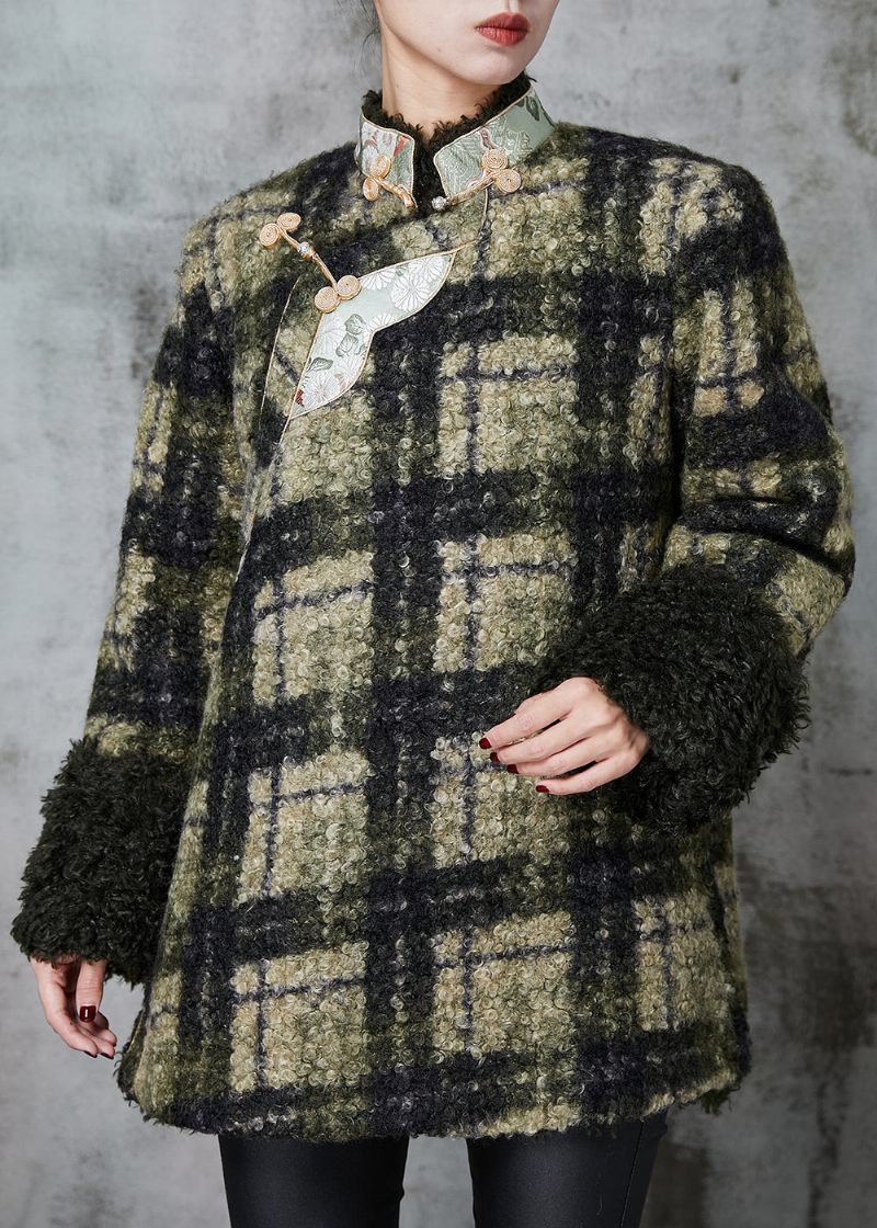 Boutique Grøn Plaid Orientalsk Faux Fur Jakke Spring - Dame vinterfrakker