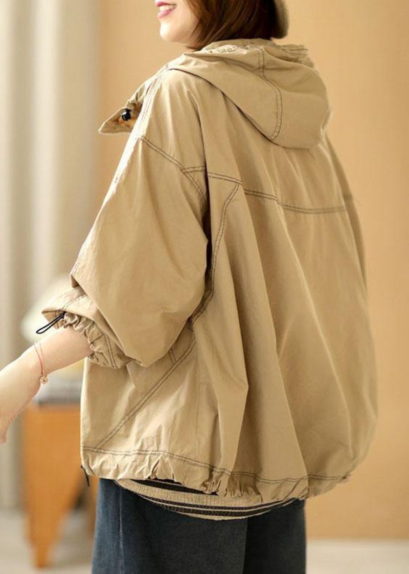 Boutique Khaki Løse Lommer Fall Hoodie Coat Langærmet - Dame vinterfrakker