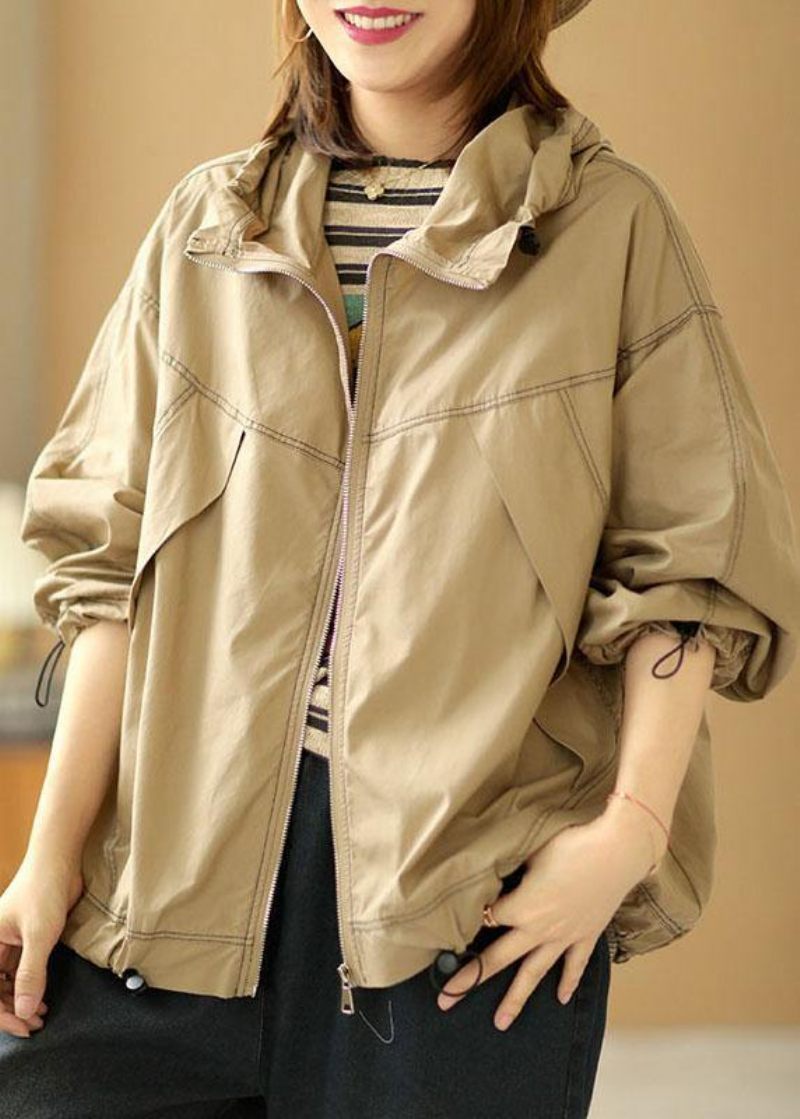 Boutique Khaki Løse Lommer Fall Hoodie Coat Langærmet - Dame vinterfrakker