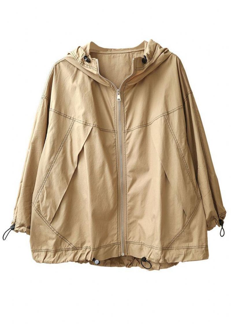 Boutique Khaki Løse Lommer Fall Hoodie Coat Langærmet - Dame vinterfrakker