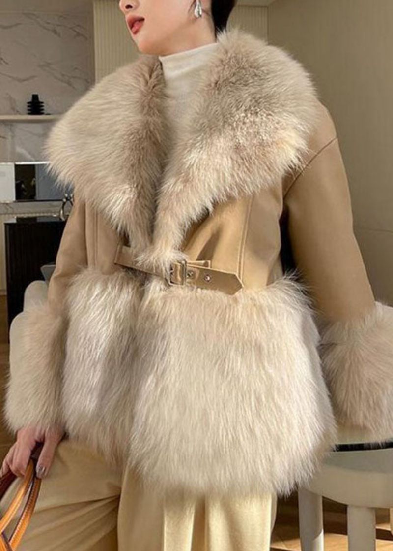 Boutique Khaki Peter Pan Krave Patchwork Fuzzy Fur Fluffy Coat Vinter