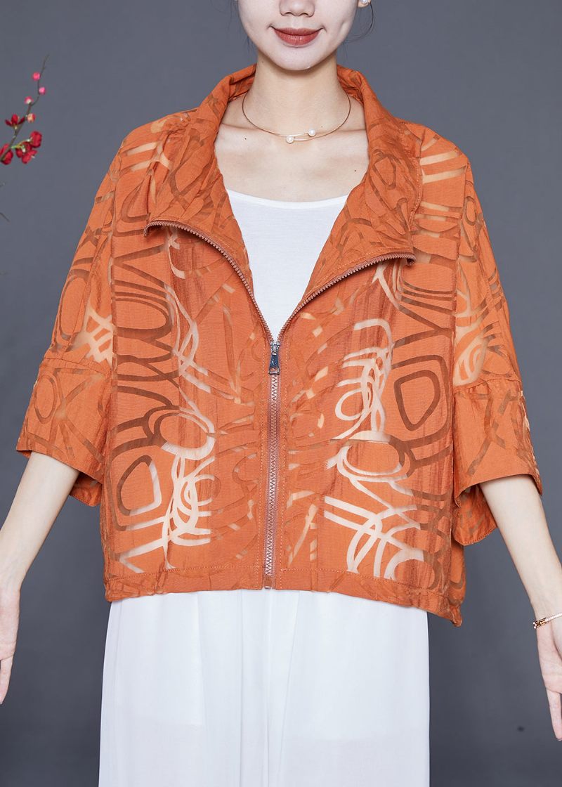 Boutique Orange Oversized Hollow Out Coat Batwing Sleeve - Dame vinterfrakker