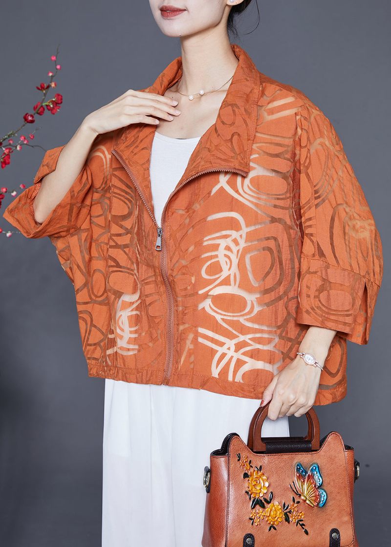 Boutique Orange Oversized Hollow Out Coat Batwing Sleeve - Dame vinterfrakker