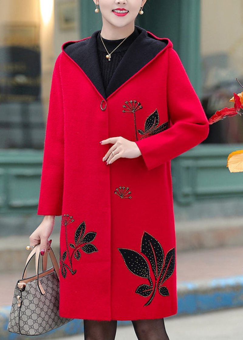 Boutique Red Jacquard Zircon Woolen Hooded Trench Spring