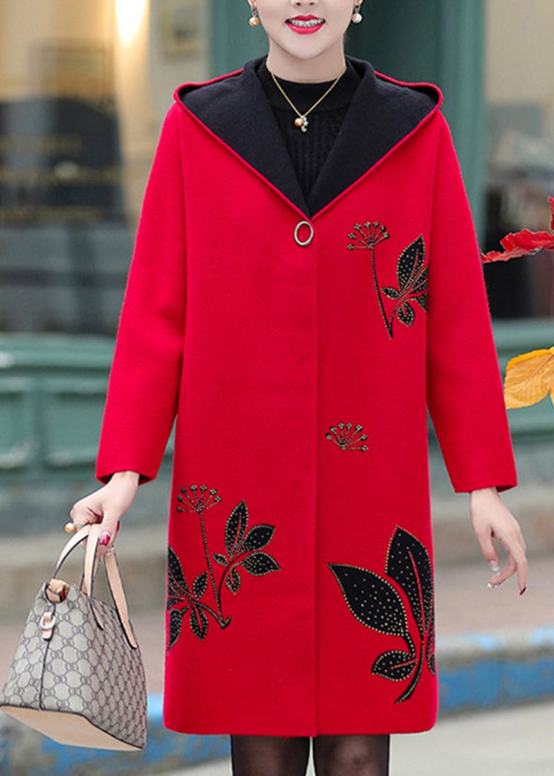 Boutique Red Jacquard Zircon Woolen Hooded Trench Spring - Dame vinterfrakker