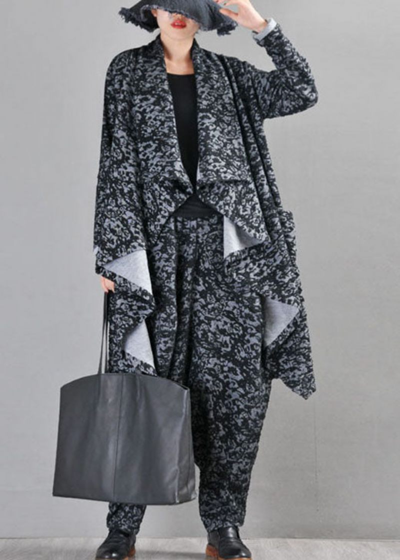 Boutique Sort Grå Strik Asymmetrisk Design Print Fall Coat