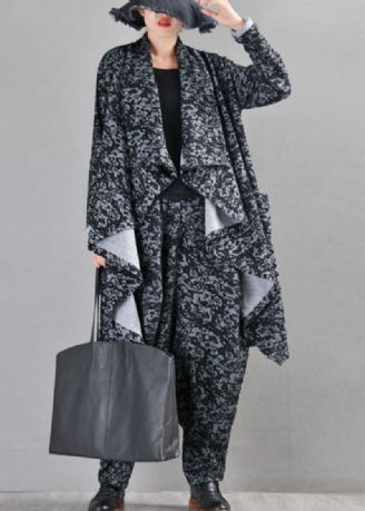 Boutique Sort Grå Strik Asymmetrisk Design Print Fall Coat