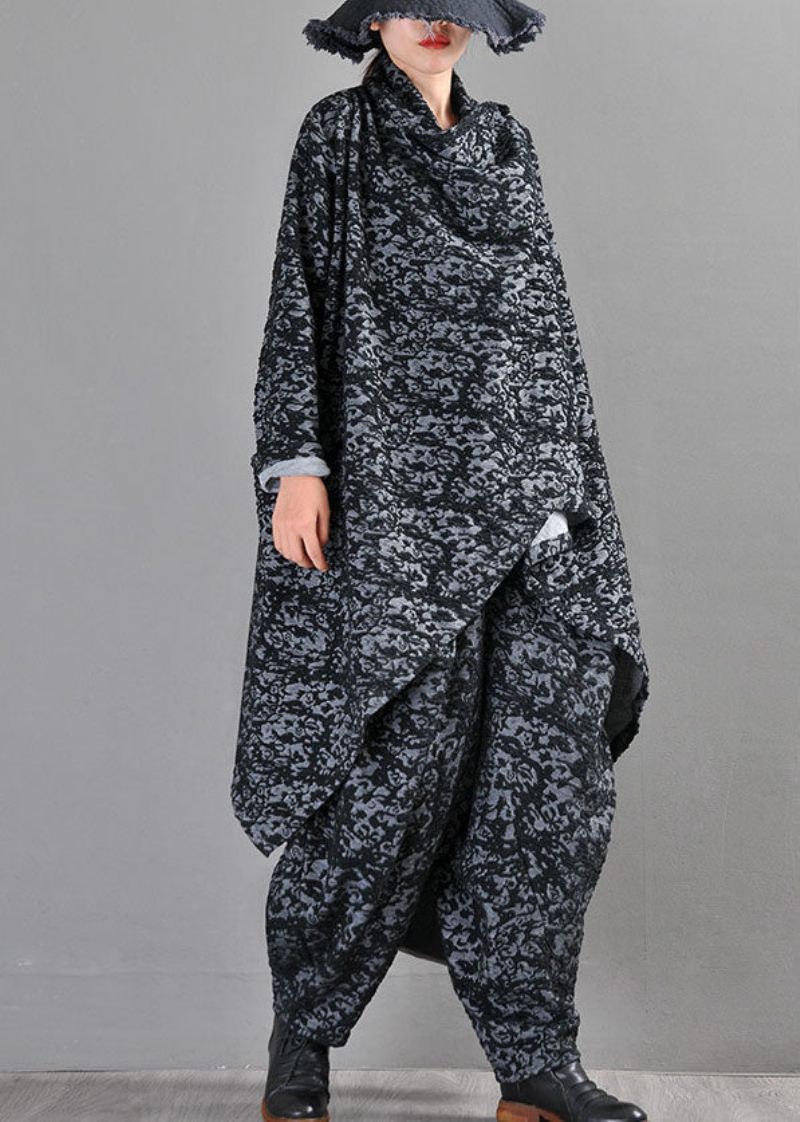 Boutique Sort Grå Strik Asymmetrisk Design Print Fall Coat - Sort Rød