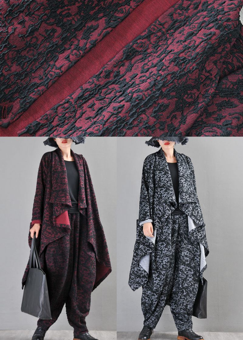 Boutique Sort Grå Strik Asymmetrisk Design Print Fall Coat - Sort Rød