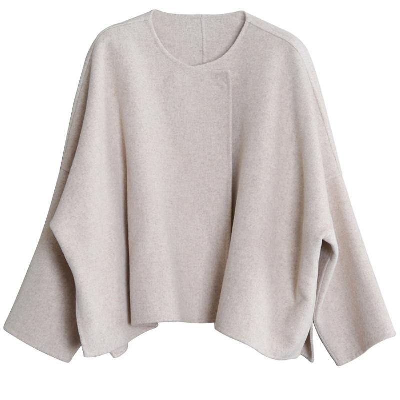 Boutique Trendy Plus Size Mellemlang Jakke Beige O Halslommer Uld Frakke - Dame vinterfrakker