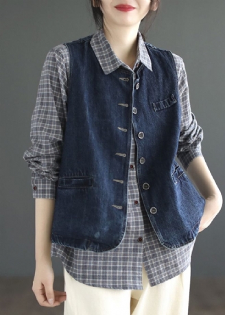 Brief Denin Blue Pockets Patchwork Denim Vest Uden Ærmer