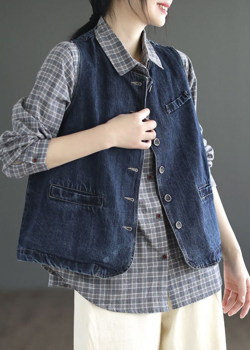 Brief Denin Blue Pockets Patchwork Denim Vest Uden Ærmer - Mørkeblå