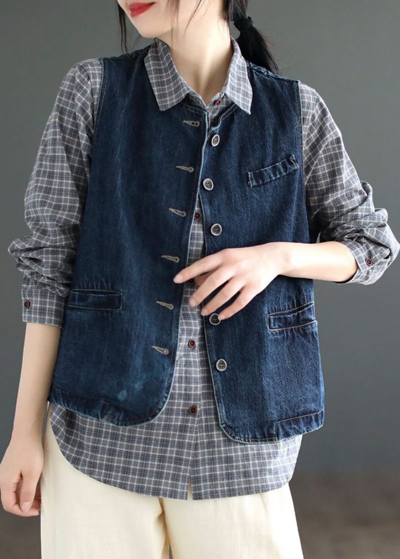 Brief Denin Blue Pockets Patchwork Denim Vest Uden Ærmer - Mørkeblå