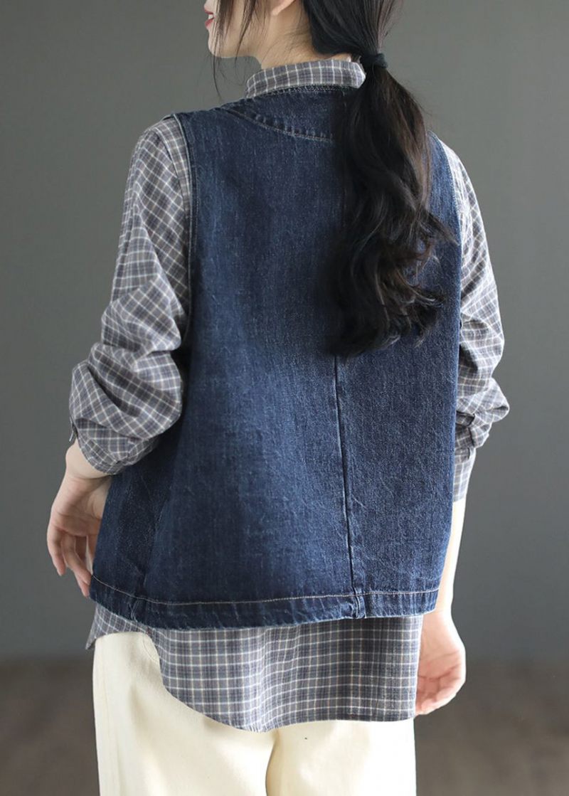 Brief Denin Blue Pockets Patchwork Denim Vest Uden Ærmer - Mørkeblå