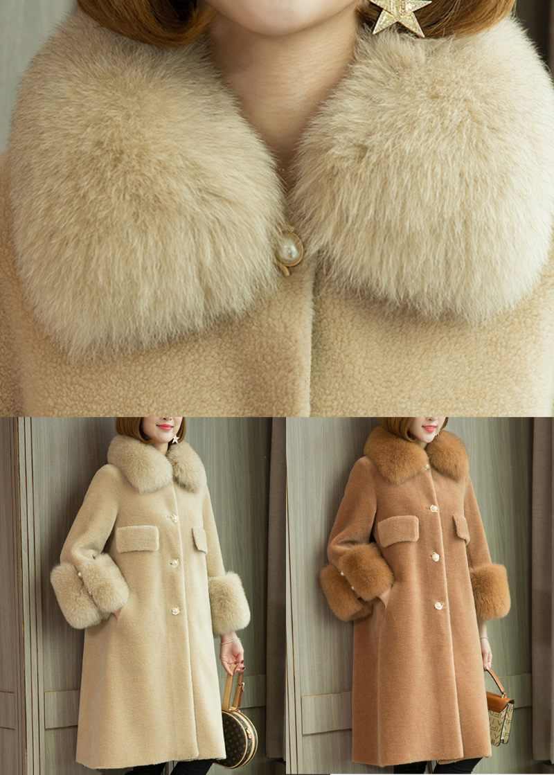 Camel Button Patchwork Teddy Faux Fur Coats Peter Pan Krave Langærmet - Dame vinterfrakker