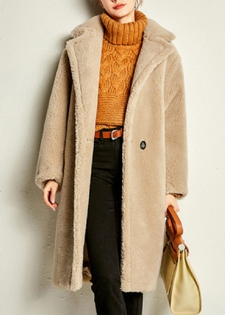 Camel Button Warm Maxi Faux Fur Coat Spring