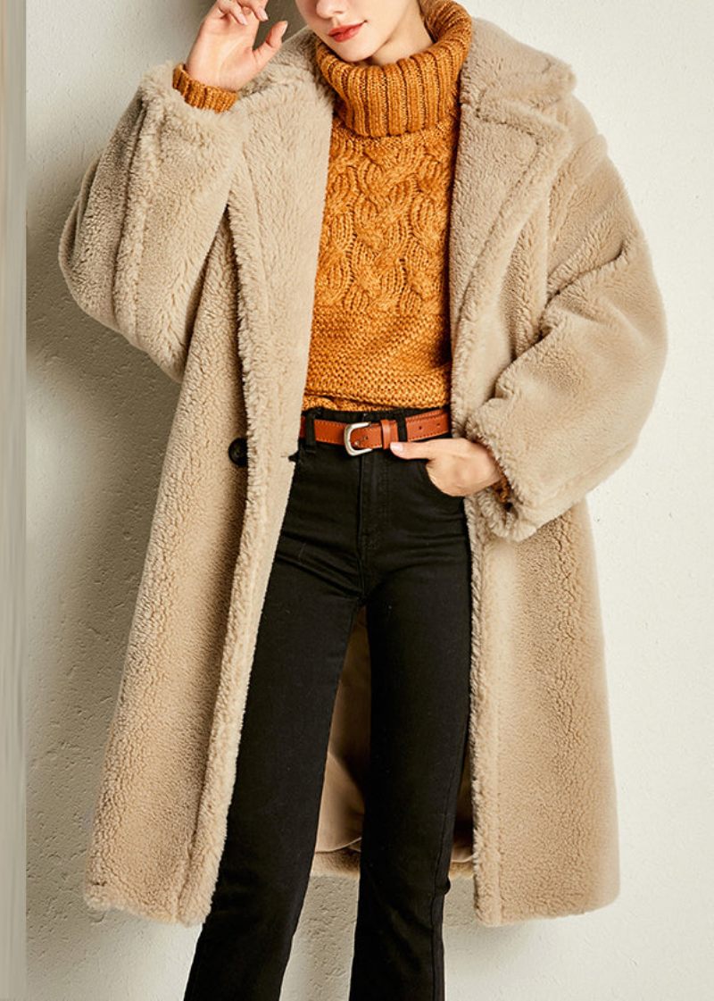 Camel Button Warm Maxi Faux Fur Coat Spring - Kamel