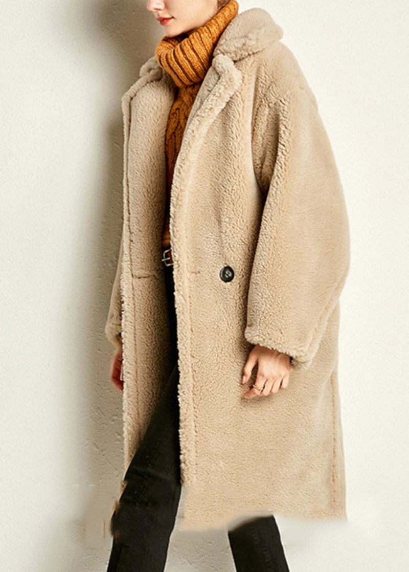 Camel Button Warm Maxi Faux Fur Coat Spring - Kamel