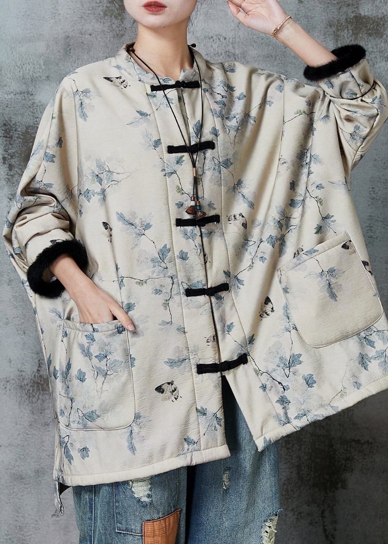 Casual Abrikos Oversized Print Varm Fleece Coat Outwear Spring