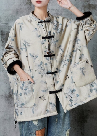 Casual Abrikos Oversized Print Varm Fleece Coat Outwear Spring