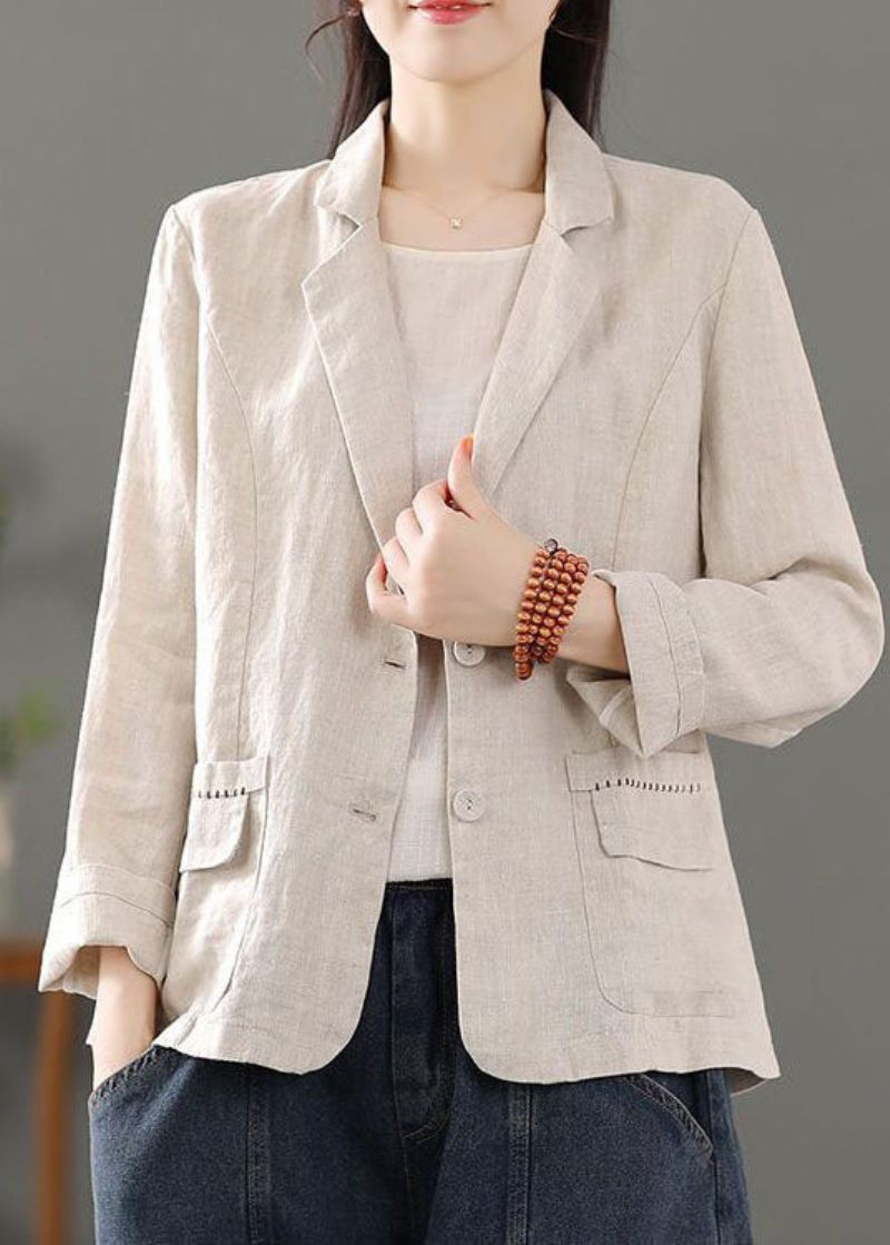 Casual Beige Lommer Patchwork Button Linned Frakker Forår - Dame vinterfrakker