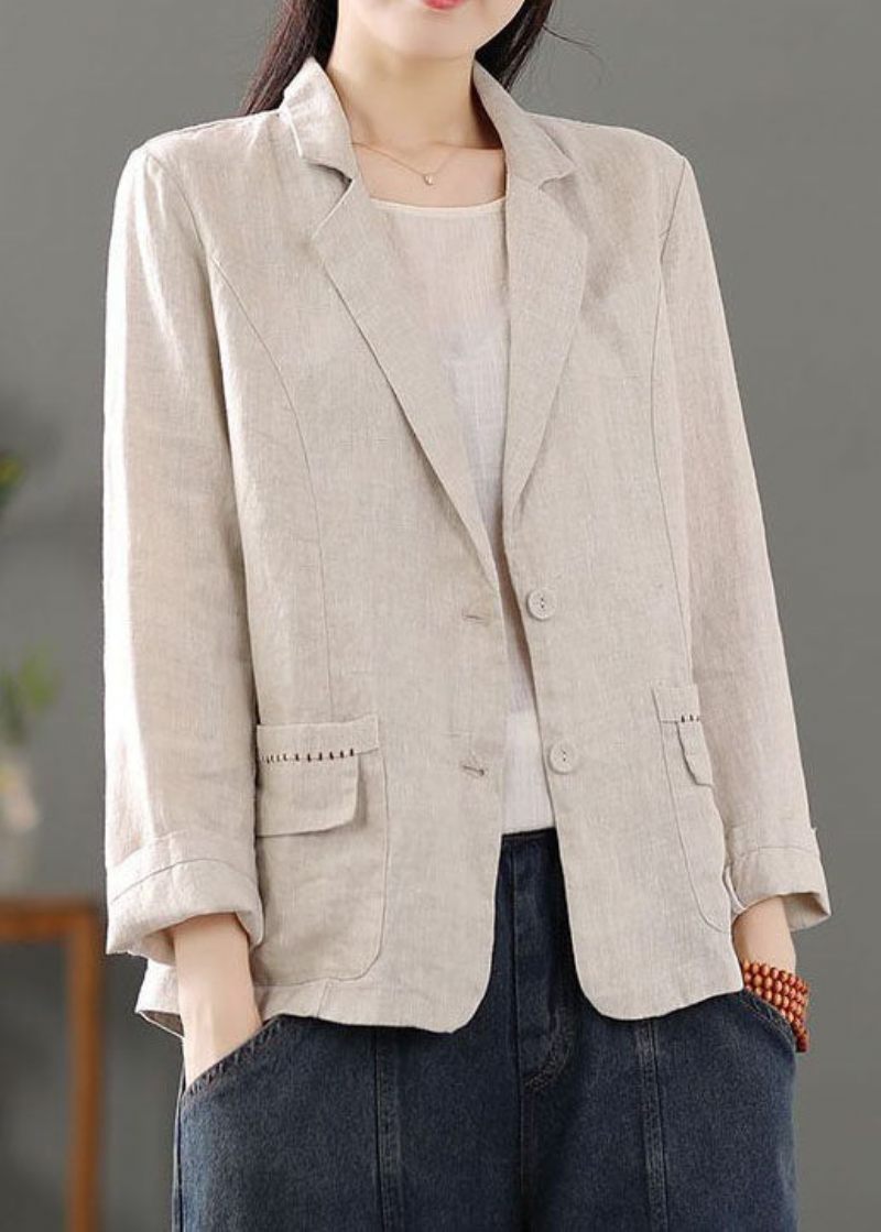 Casual Beige Lommer Patchwork Button Linned Frakker Forår - Dame vinterfrakker