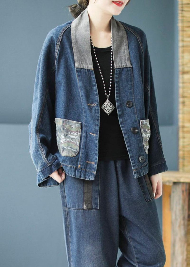 Casual Blå Lommer Knap Patchwork Print Efterår Denim Langærmet Frakke