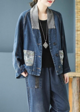 Casual Blå Lommer Knap Patchwork Print Efterår Denim Langærmet Frakke