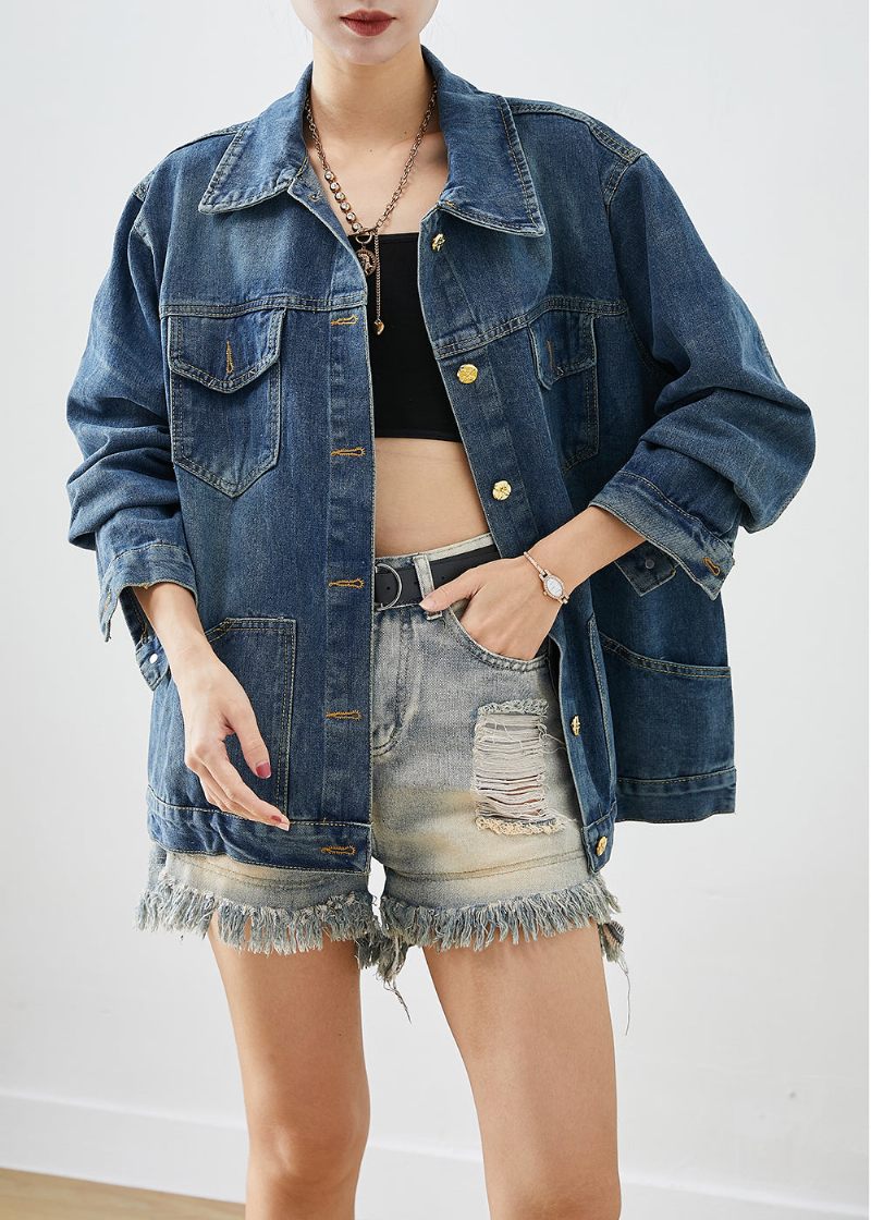 Casual Blå Oversized Patchwork Denimfrakker Efterår