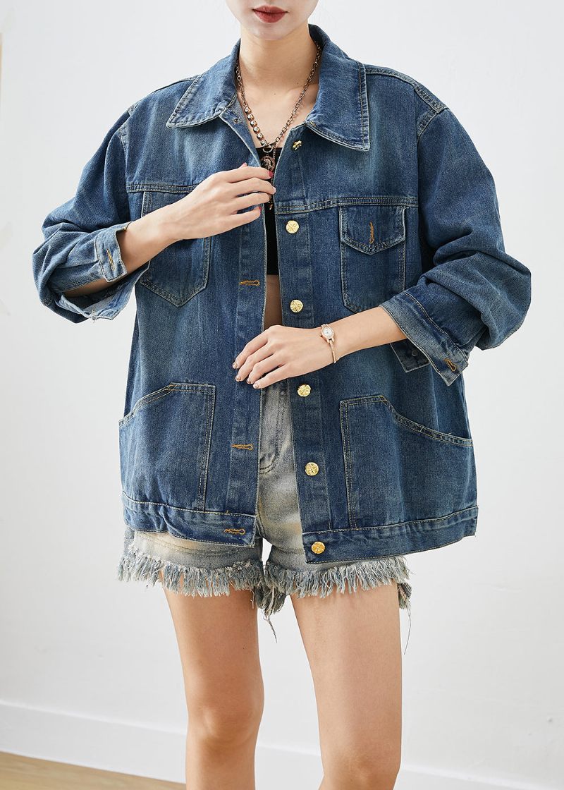 Casual Blå Oversized Patchwork Denimfrakker Efterår - Dame vinterfrakker