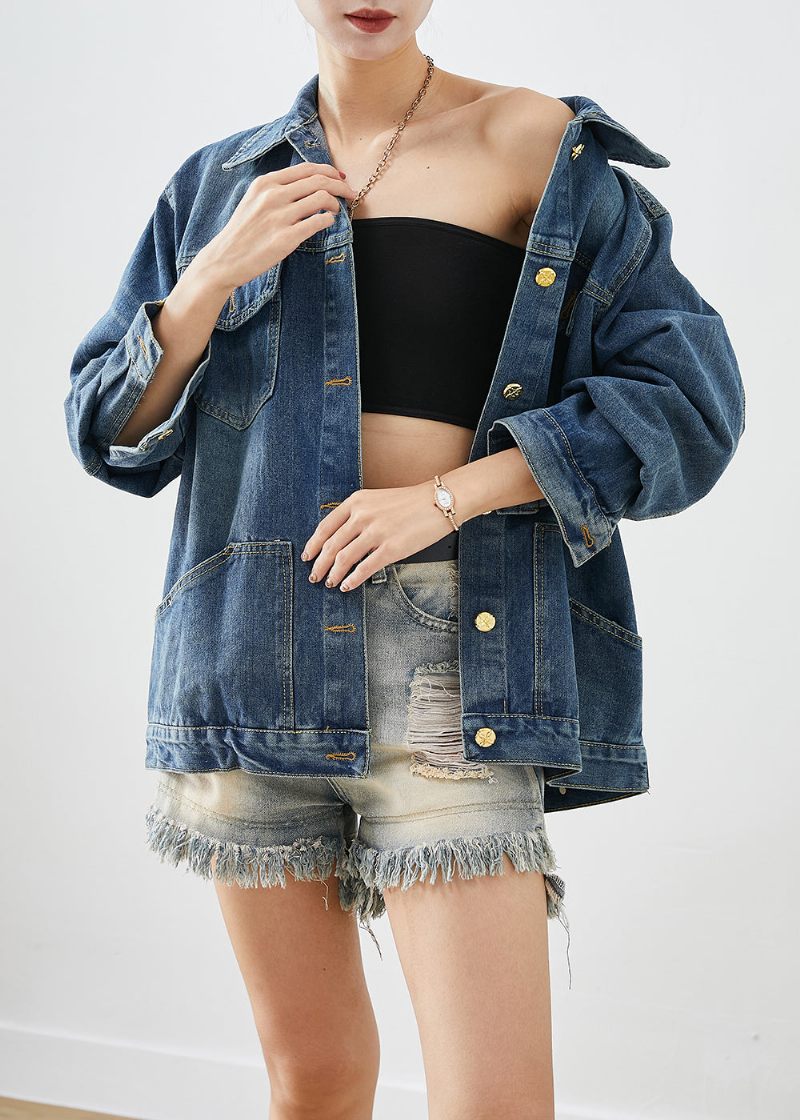 Casual Blå Oversized Patchwork Denimfrakker Efterår - Dame vinterfrakker