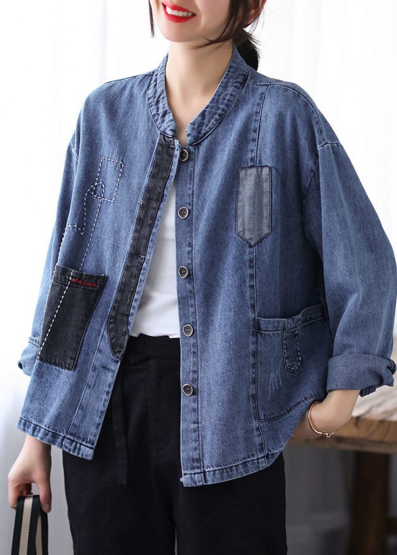 Casual Blå Stand Krave Patchwork Knap Denim Frakker Forår - Dame vinterfrakker