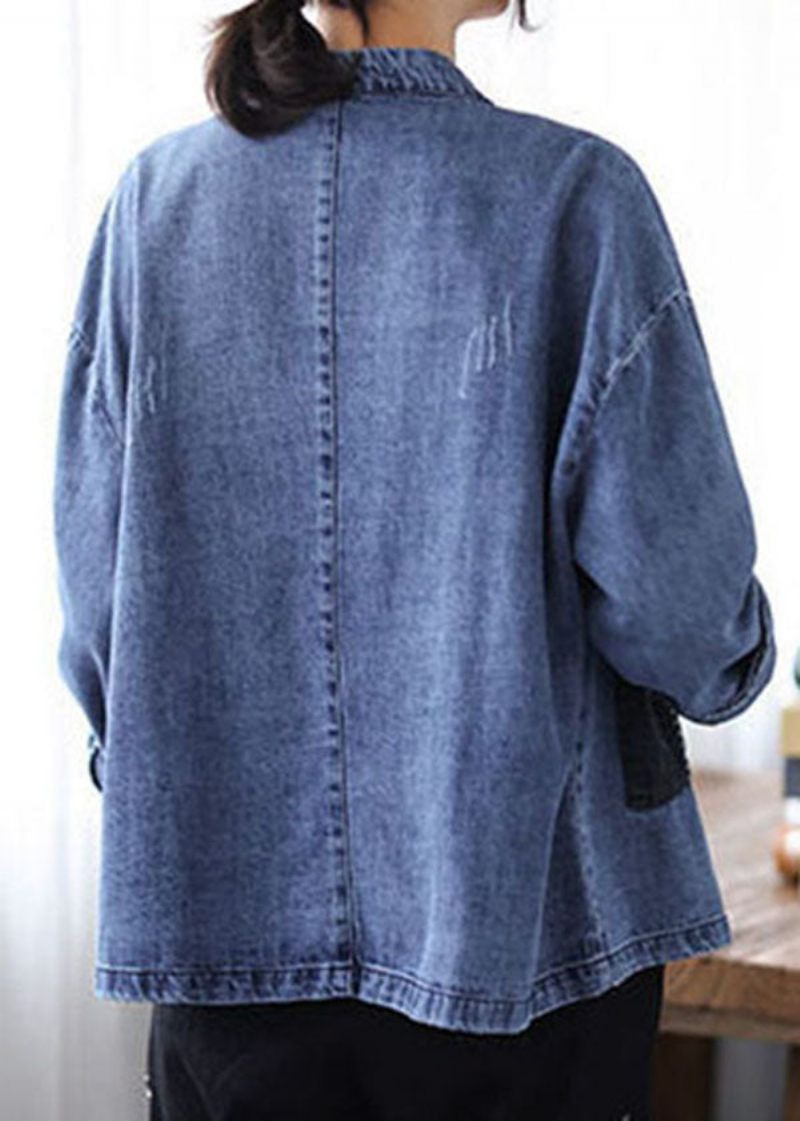 Casual Blå Stand Krave Patchwork Knap Denim Frakker Forår - Dame vinterfrakker