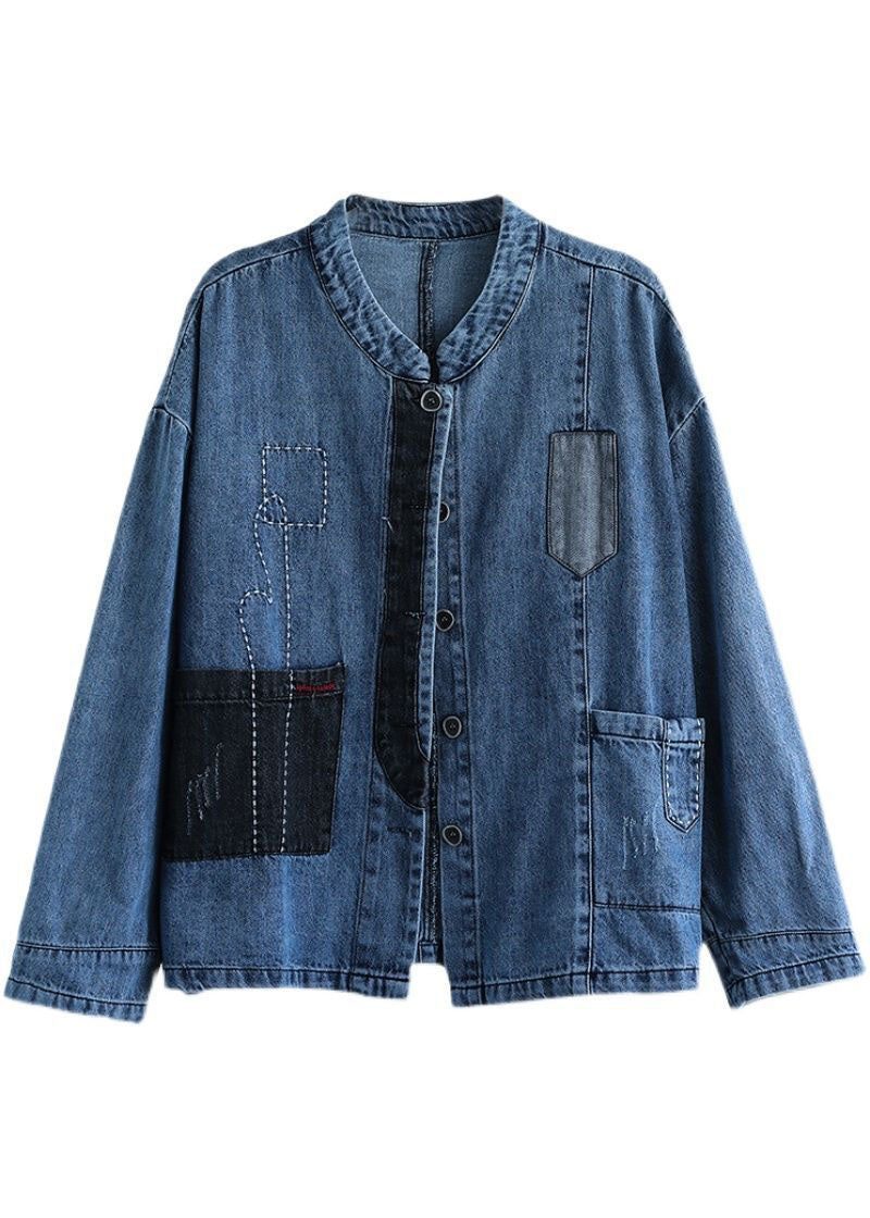 Casual Blå Stand Krave Patchwork Knap Denim Frakker Forår - Dame vinterfrakker