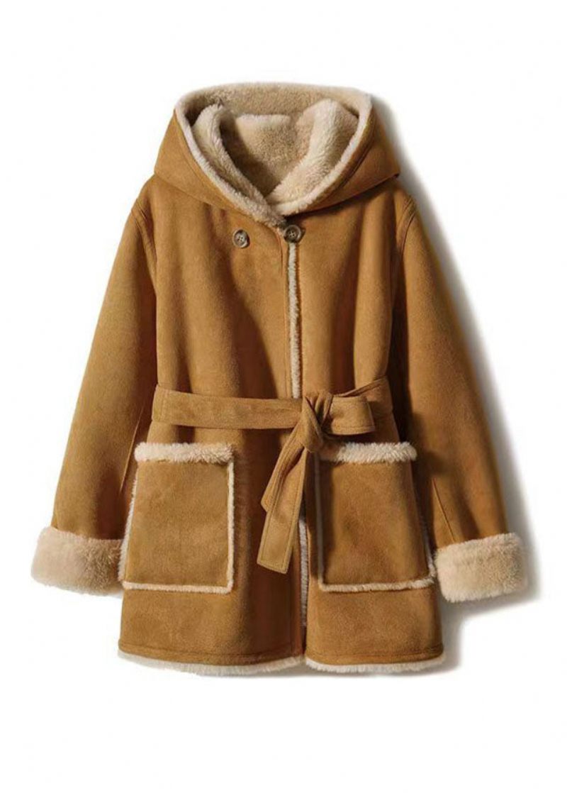 Casual Camel Patchwork Sashes Varm Fleece Wooled Blended Hooded Coat Vinter - Chokolade