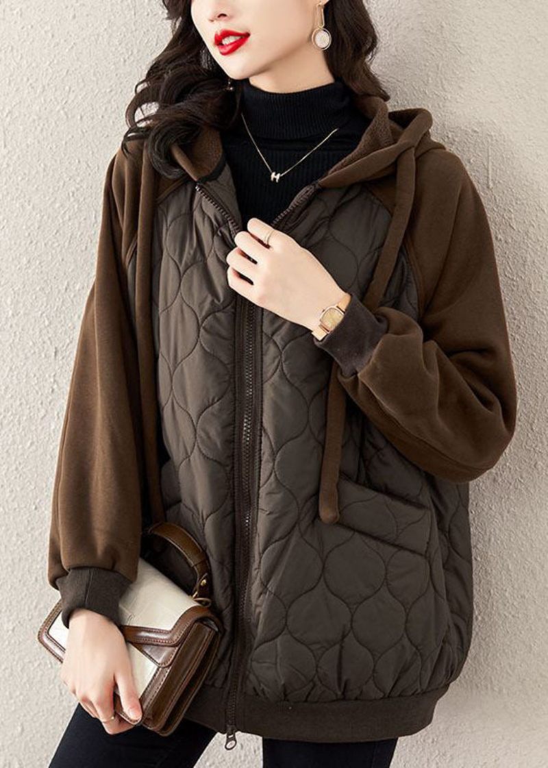 Casual Chokolade Hætte Snøre Patchwork Fin Bomuld Fyldt Witner Coat - Dame vinterfrakker