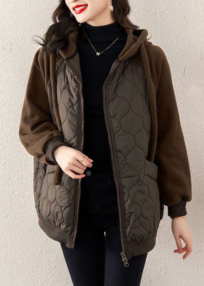 Casual Chokolade Hætte Snøre Patchwork Fin Bomuld Fyldt Witner Coat - Dame vinterfrakker