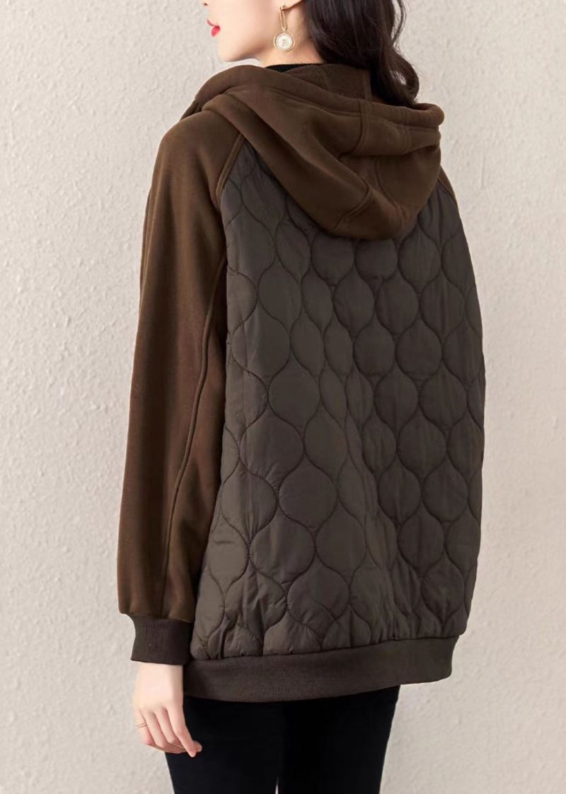 Casual Chokolade Hætte Snøre Patchwork Fin Bomuld Fyldt Witner Coat - Dame vinterfrakker