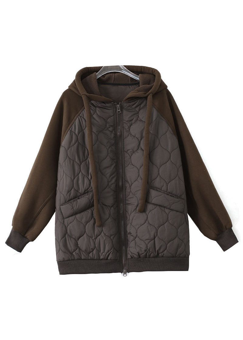 Casual Chokolade Hætte Snøre Patchwork Fin Bomuld Fyldt Witner Coat - Dame vinterfrakker