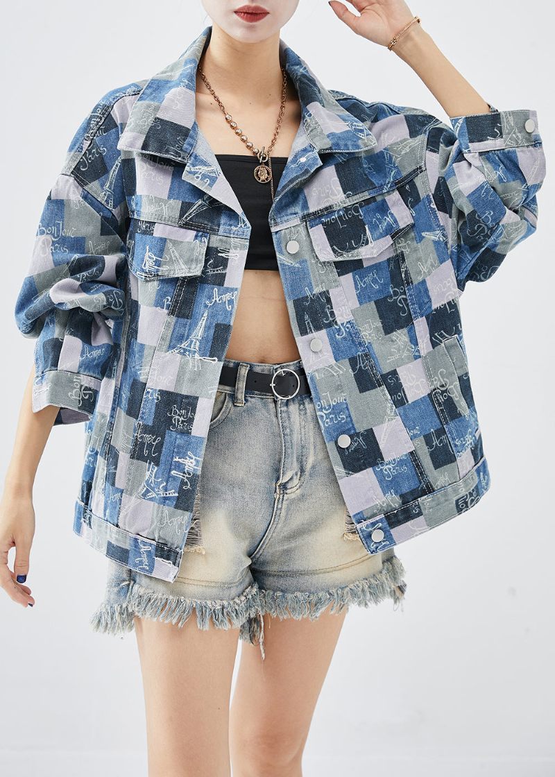 Casual Colorblock Oversized Plaid Denim Frakker Efterår