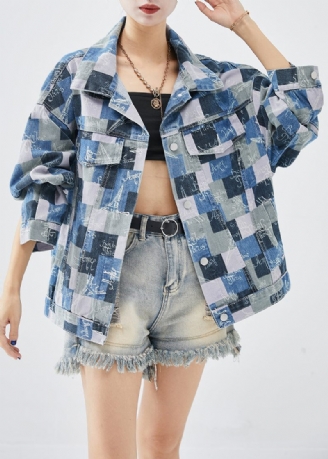 Casual Colorblock Oversized Plaid Denim Frakker Efterår