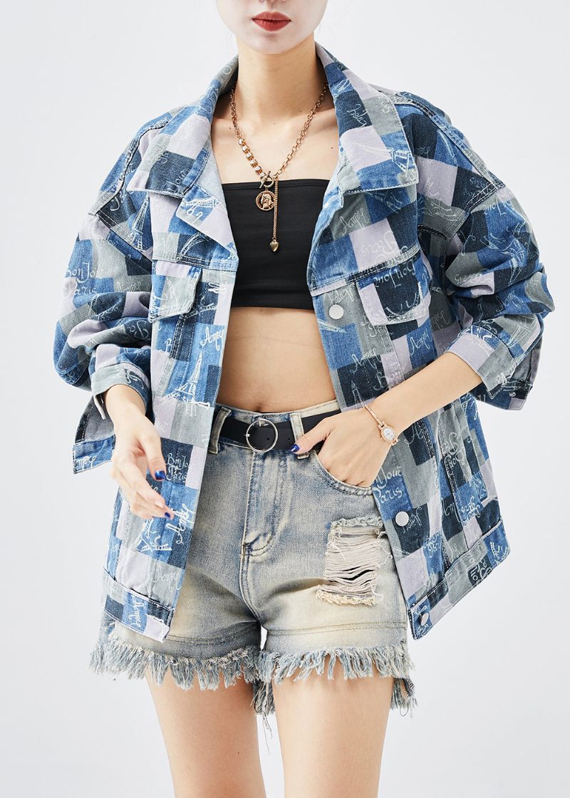 Casual Colorblock Oversized Plaid Denim Frakker Efterår - Dame vinterfrakker