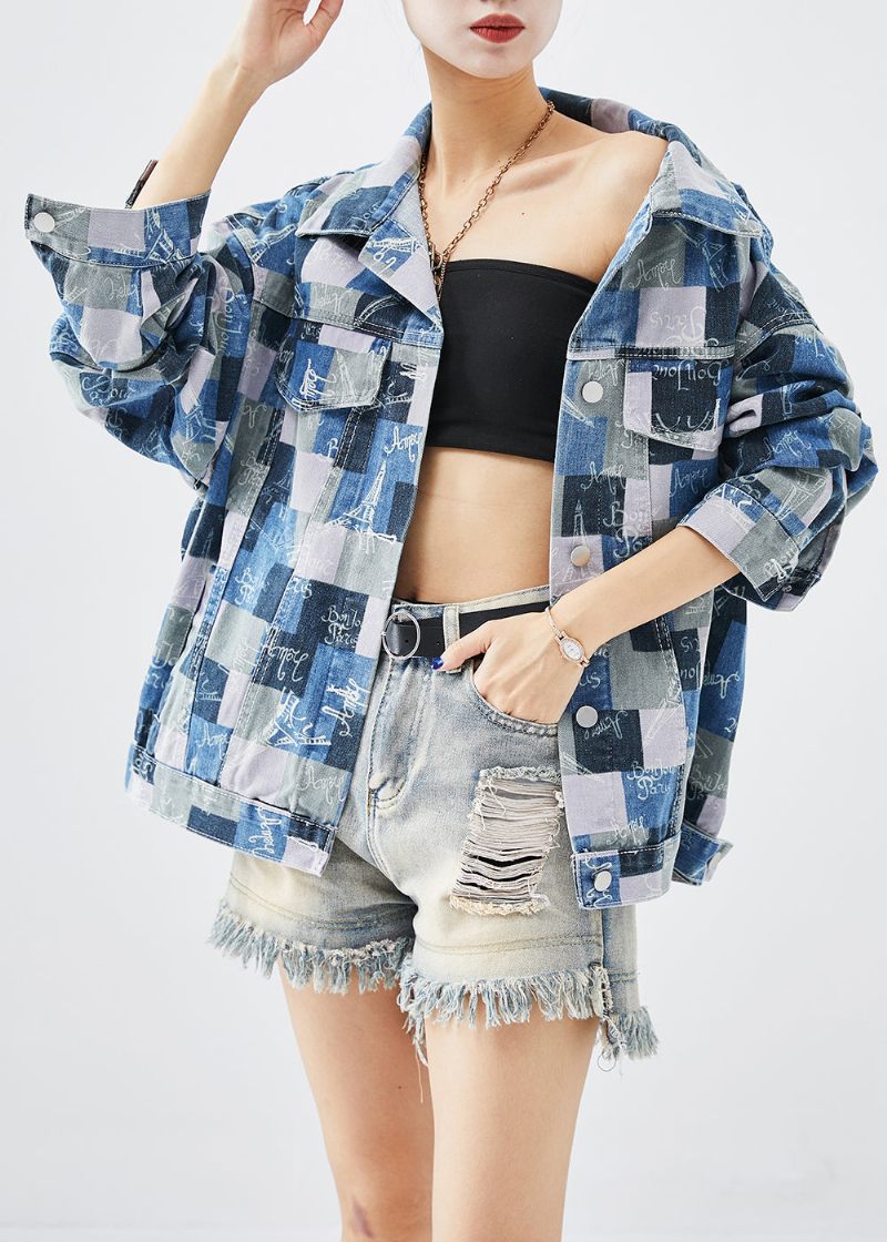 Casual Colorblock Oversized Plaid Denim Frakker Efterår - Dame vinterfrakker