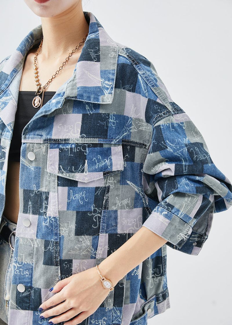 Casual Colorblock Oversized Plaid Denim Frakker Efterår - Dame vinterfrakker