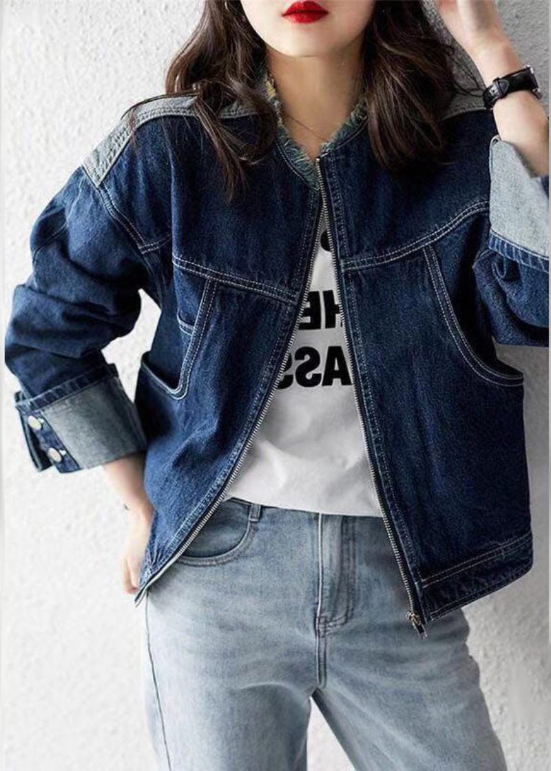 Casual Denim Blå O-hals Lynlås Patchwork Frakke Langærmet