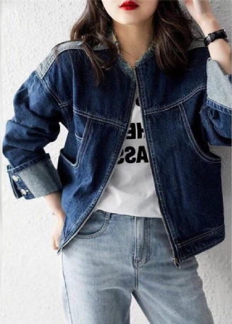 Casual Denim Blå O-hals Lynlås Patchwork Frakke Langærmet