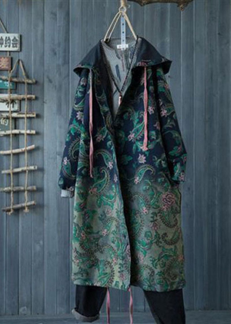 Casual Grøn Gradient Farve Hættelommer Print Bomuld Denim Trench Spring