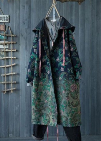 Casual Grøn Gradient Farve Hættelommer Print Bomuld Denim Trench Spring