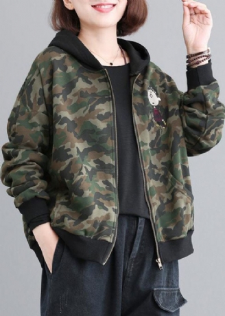 Casual Grøn Zip Up Patchwork Camouflage Bomuld Hættetrøjer Outwear Efterår