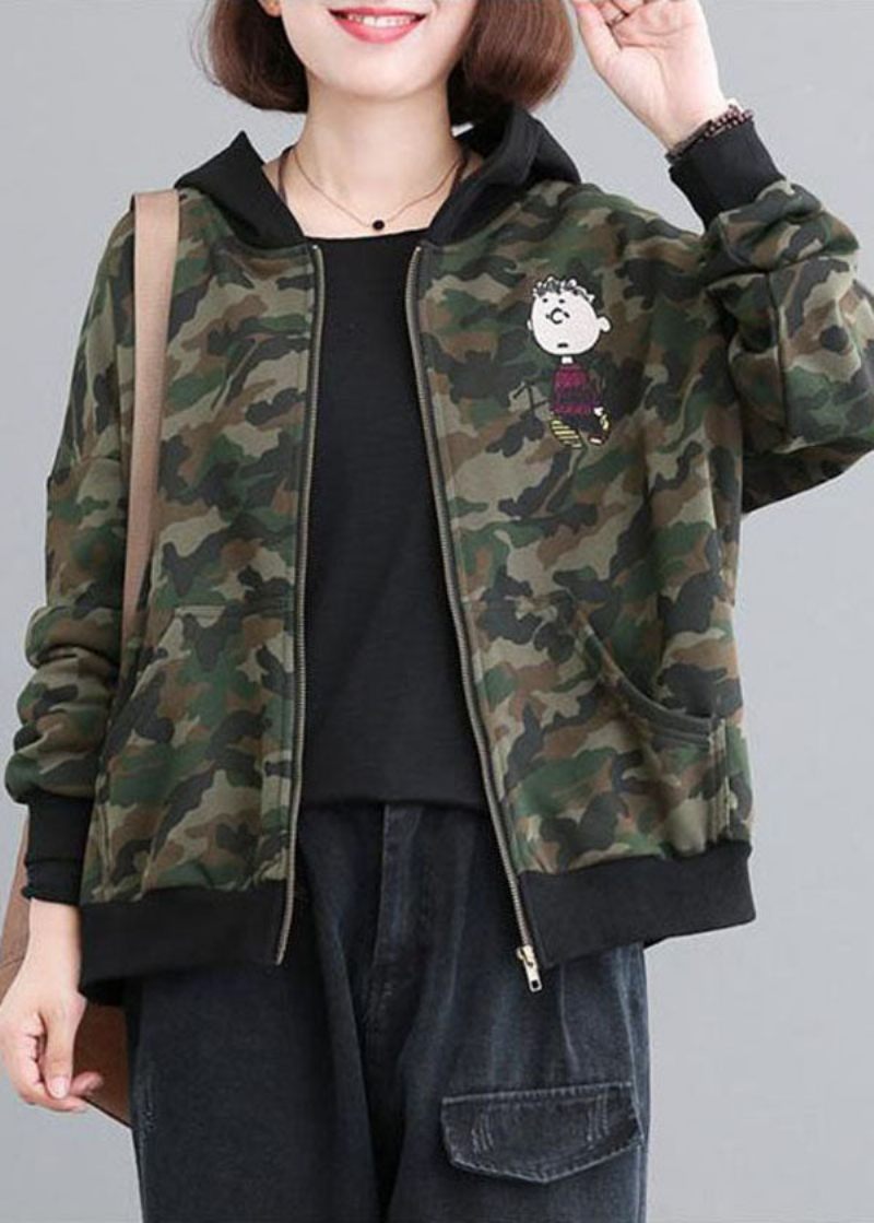 Casual Grøn Zip Up Patchwork Camouflage Bomuld Hættetrøjer Outwear Efterår - Dame vinterfrakker